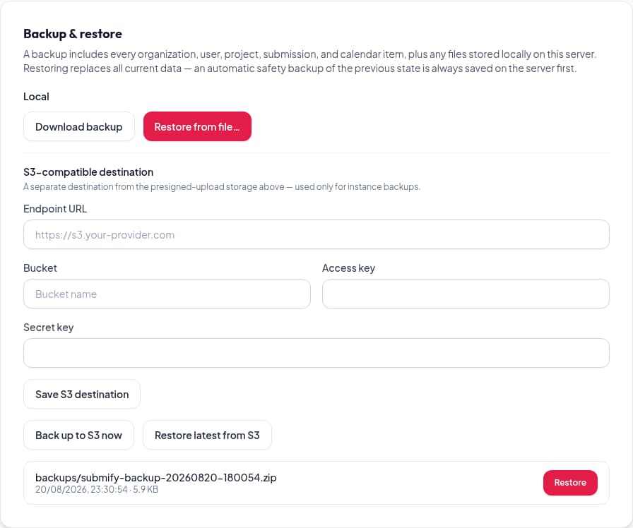Submify settings screen showing S3 backup configuration and update checker