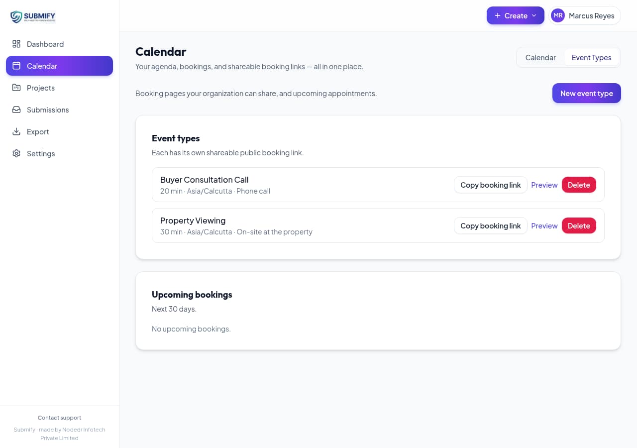 Submify booking calendar and event type configuration