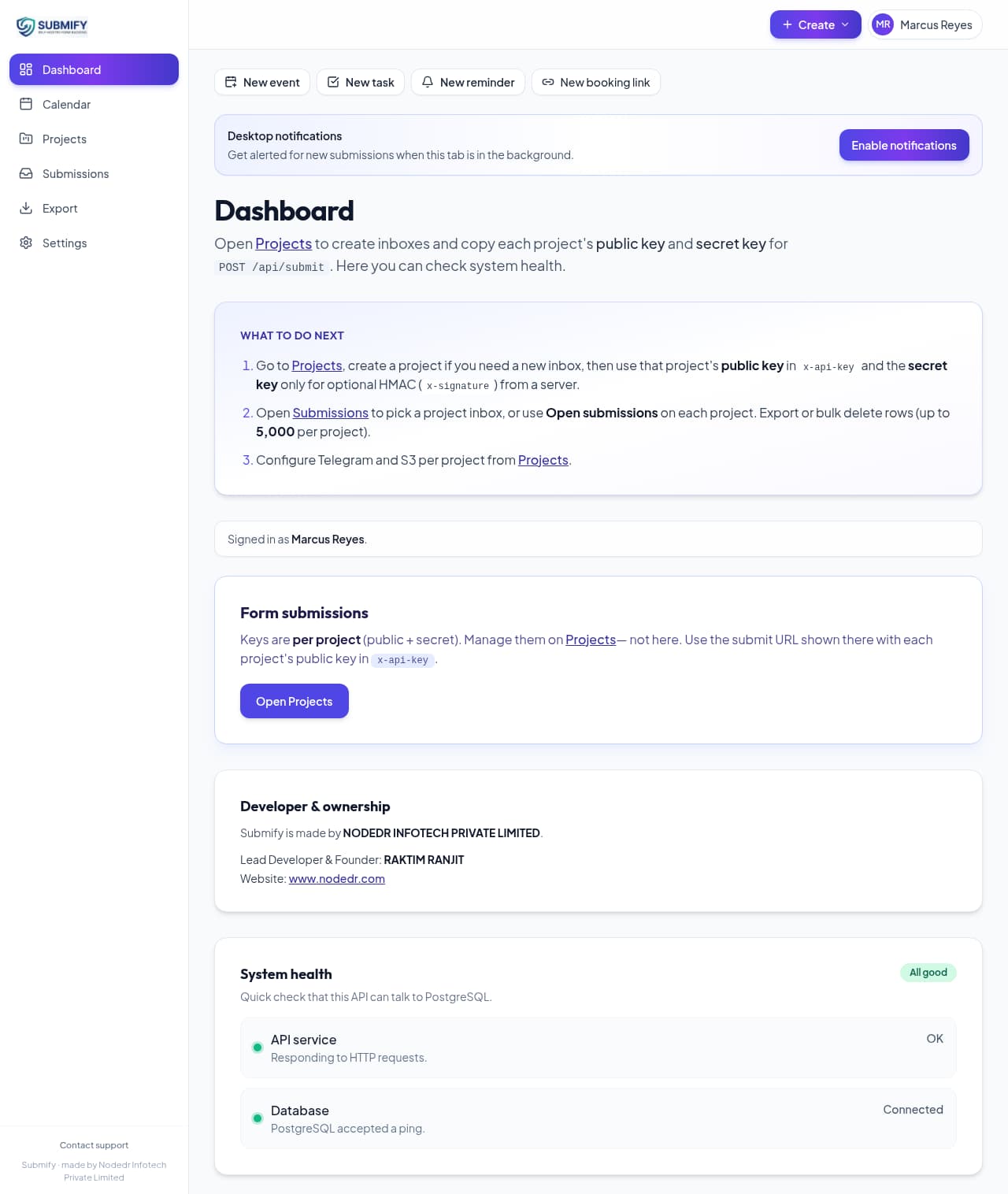 Submify dashboard showing projects and recent form submissions