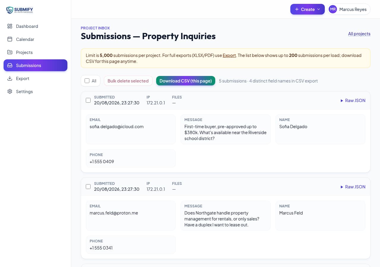 Submify project submissions table with search and export